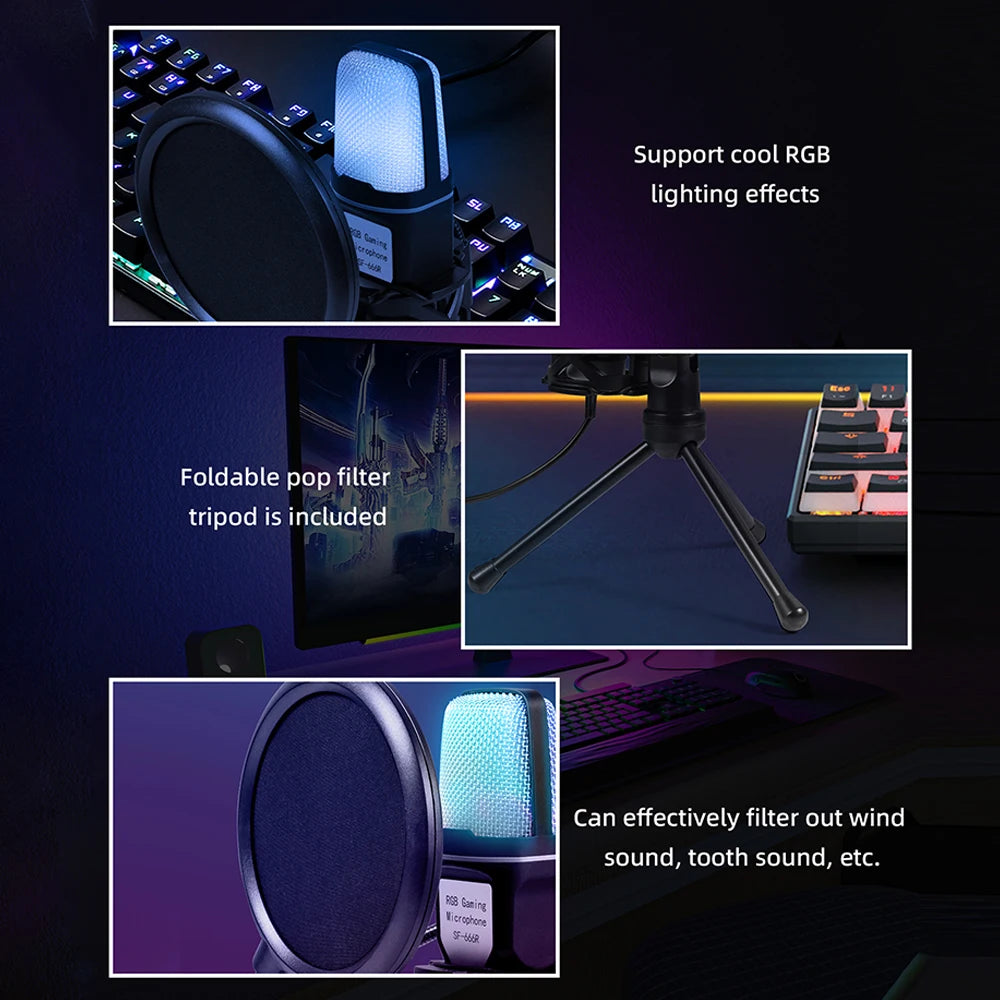 Professional Condenser microphone SF-666R RGB seven different changeable color luminous mic with shock mount, and USB.
