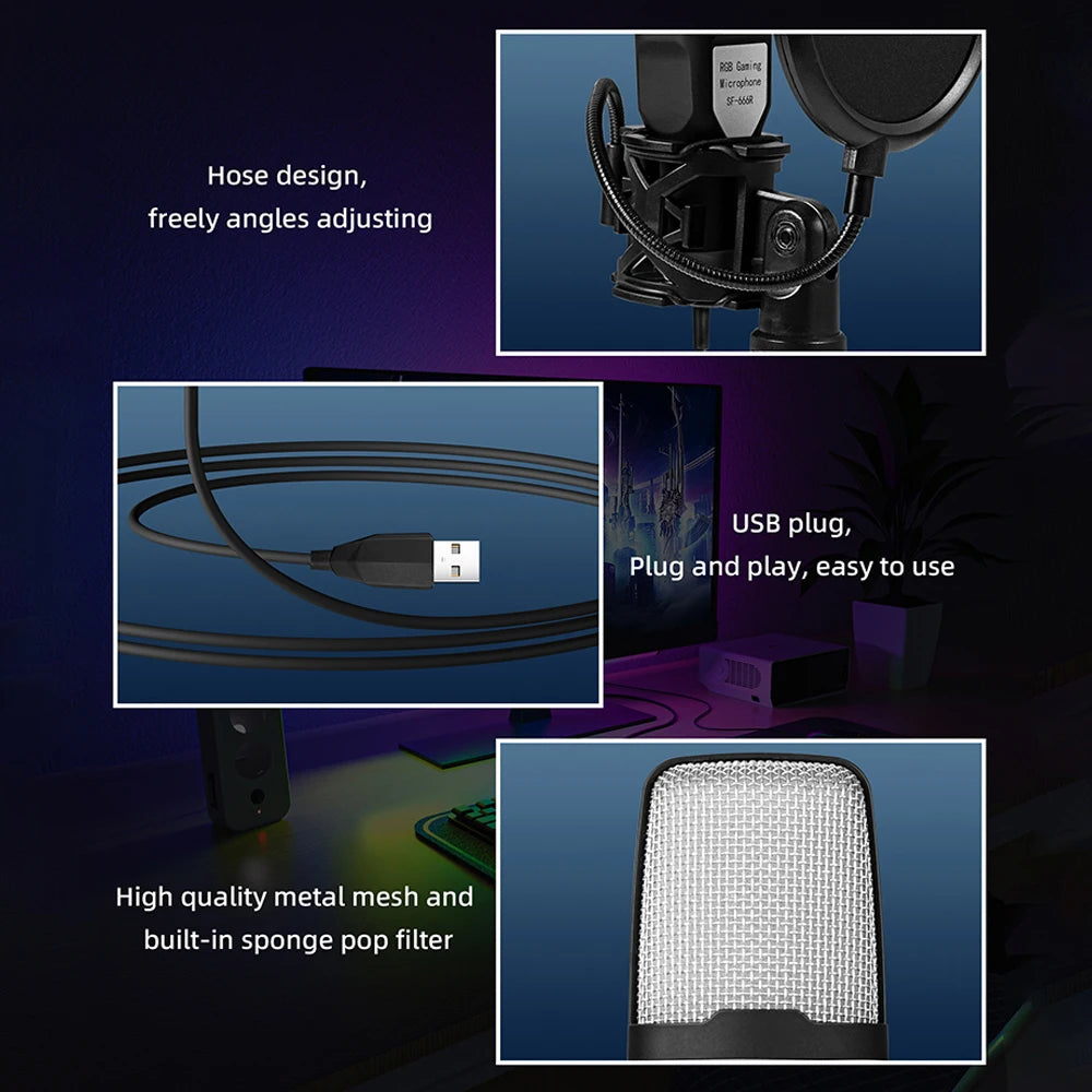 Professional Condenser microphone SF-666R RGB seven different changeable color luminous mic with shock mount, and USB.