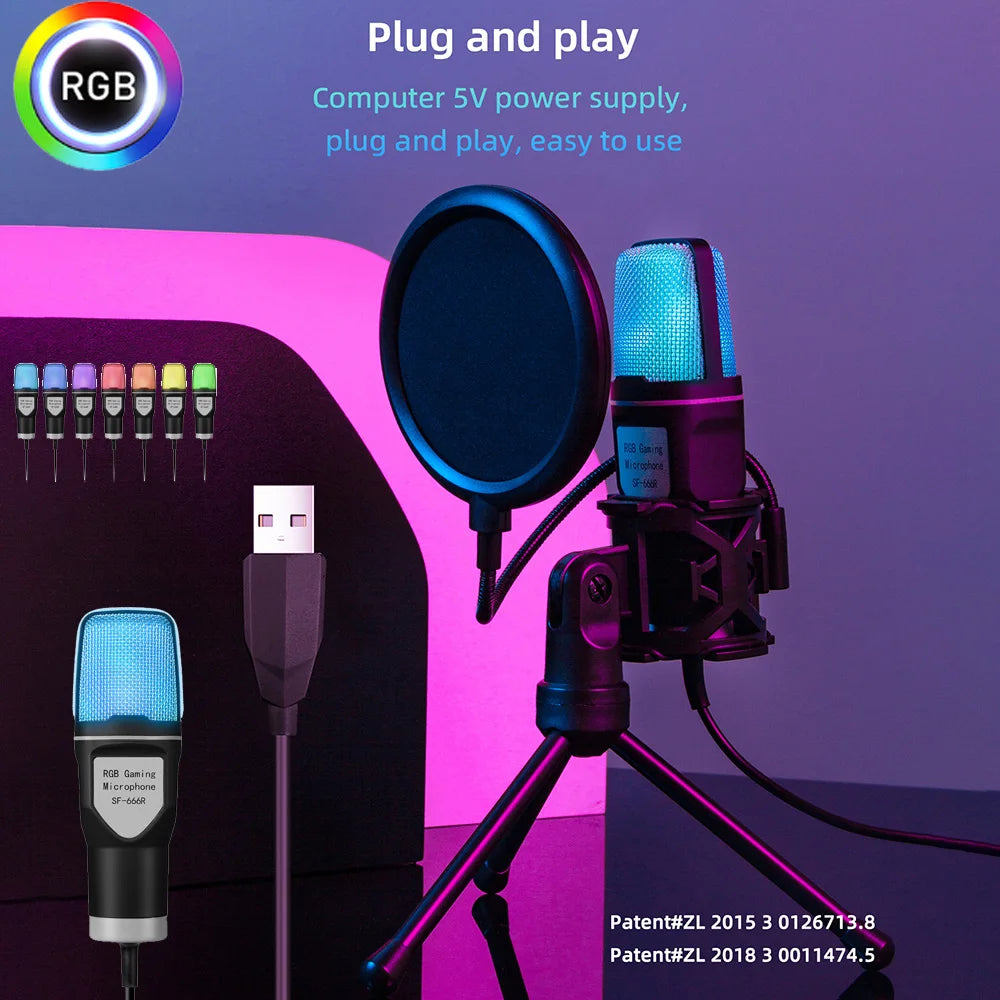 Professional Condenser microphone SF-666R RGB seven different changeable color luminous mic with shock mount, and USB.