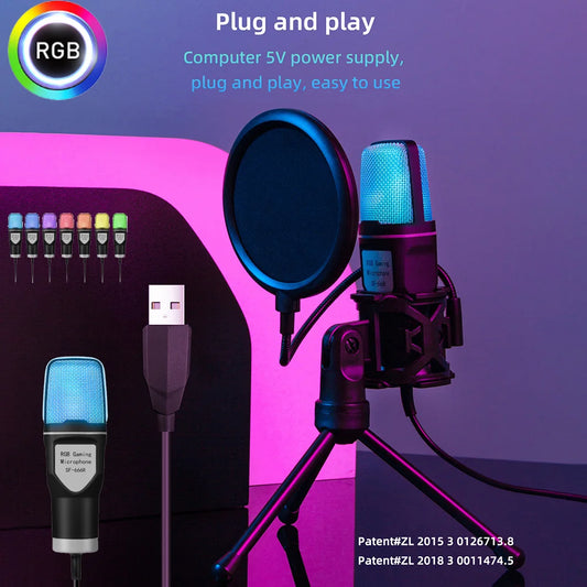 Professional Condenser microphone SF-666R RGB seven different changeable color luminous mic with shock mount, and USB.