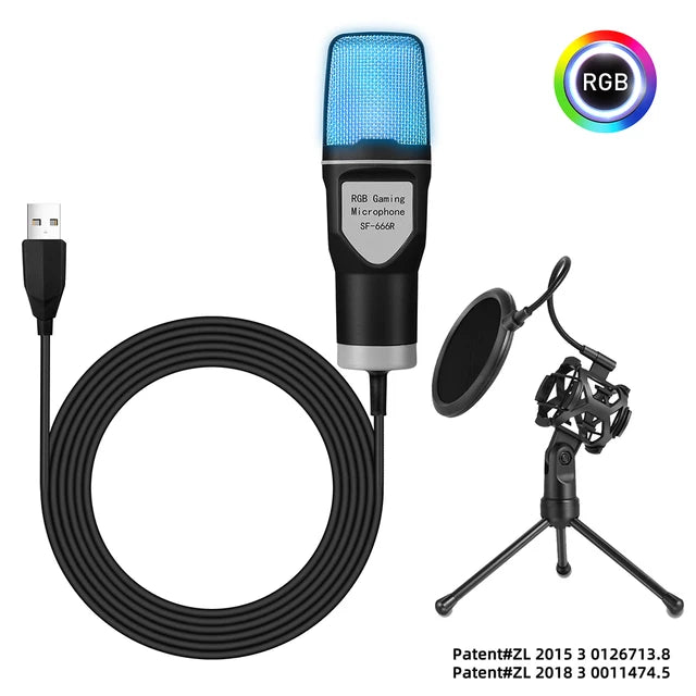Professional Condenser microphone SF-666R RGB seven different changeable color luminous mic with shock mount, and USB.