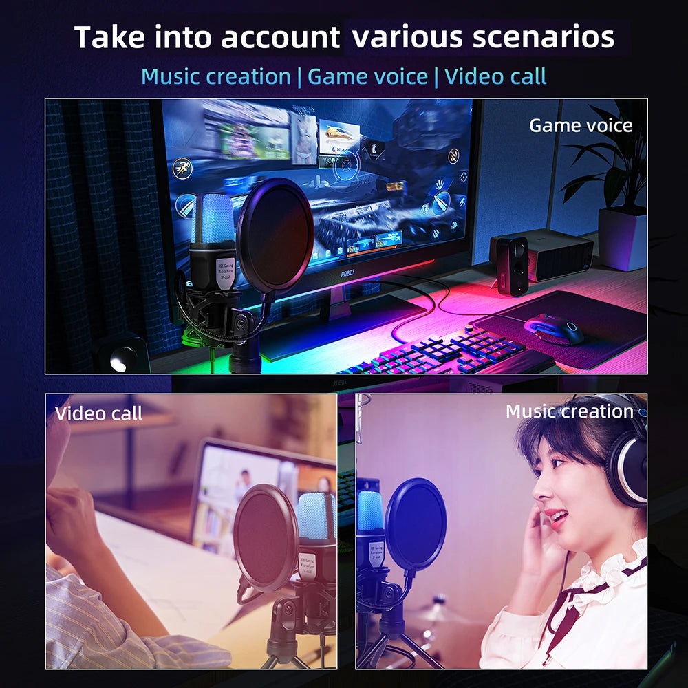 Professional Condenser microphone SF-666R RGB seven different changeable color luminous mic with shock mount, and USB.